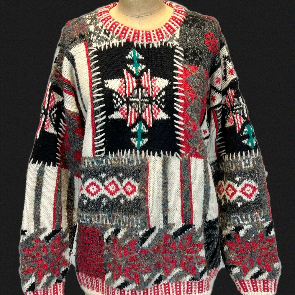 VINTAGE 80s 90s Liz Claiborne wool ski‎ lodge knit sweater patchwork artsy star